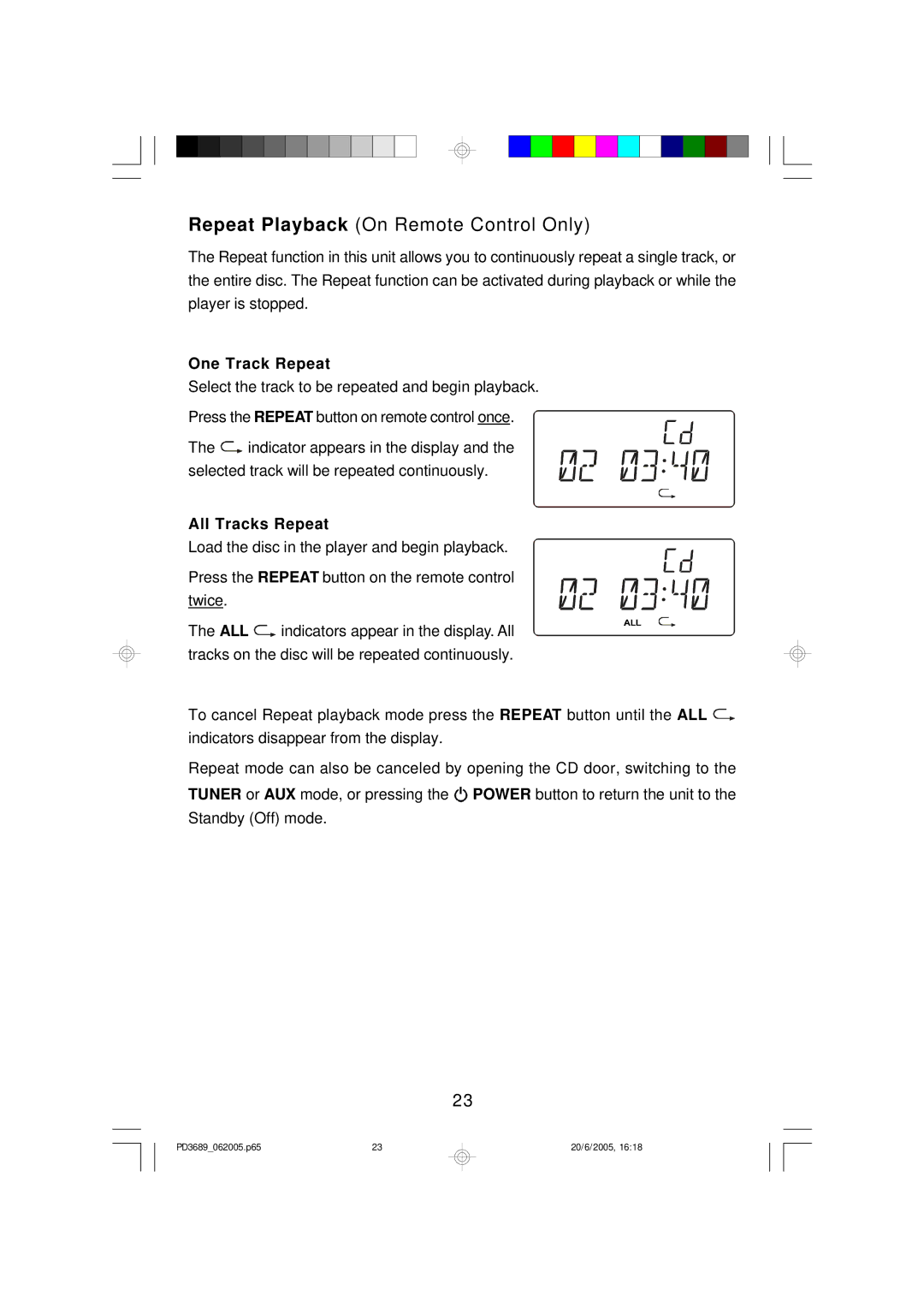 Emerson PD3689 owner manual Repeat Playback On Remote Control Only, One Track Repeat, All Tracks Repeat 