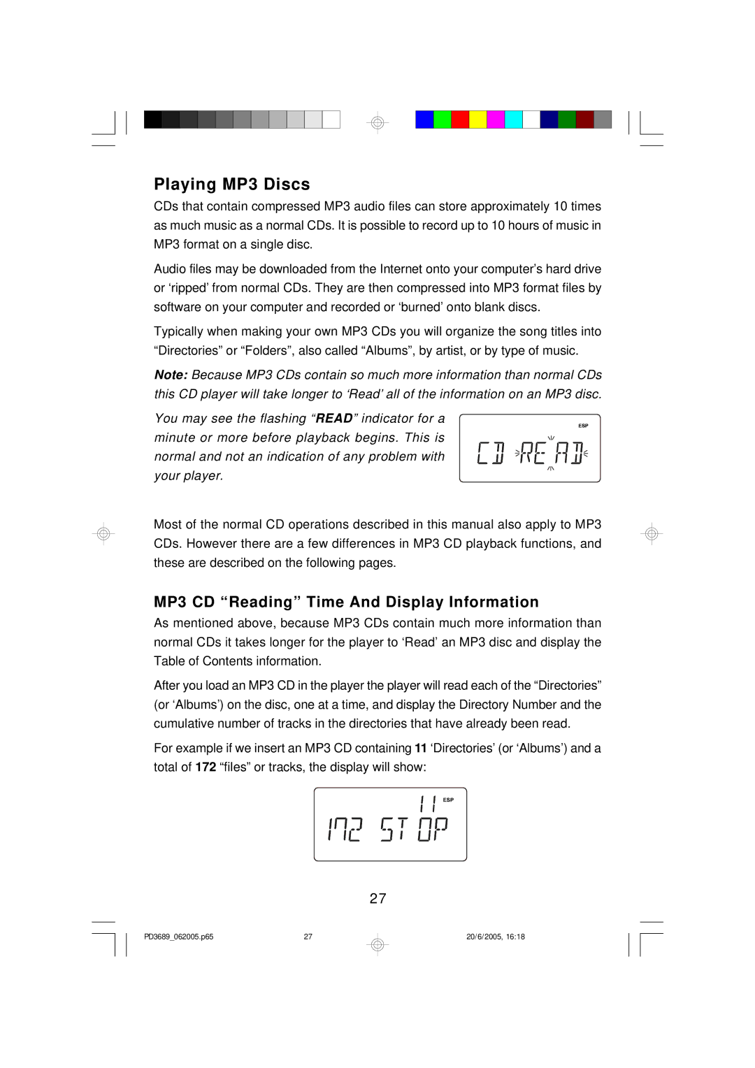 Emerson PD3689 owner manual Playing MP3 Discs, MP3 CD Reading Time And Display Information 