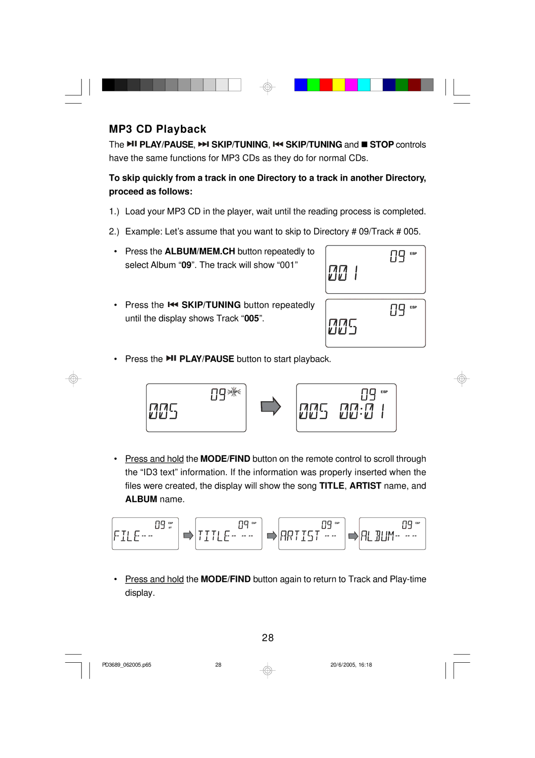 Emerson PD3689 owner manual MP3 CD Playback, PLAY/PAUSE, SKIP/TUNING, SKIP/TUNING and Stop controls 