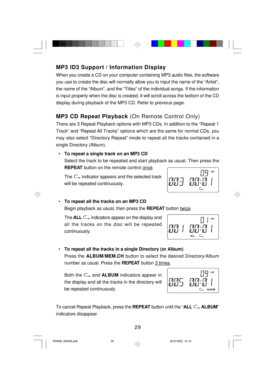 Emerson PD3689 owner manual MP3 ID3 Support / Information Display, MP3 CD Repeat Playback On Remote Control Only 