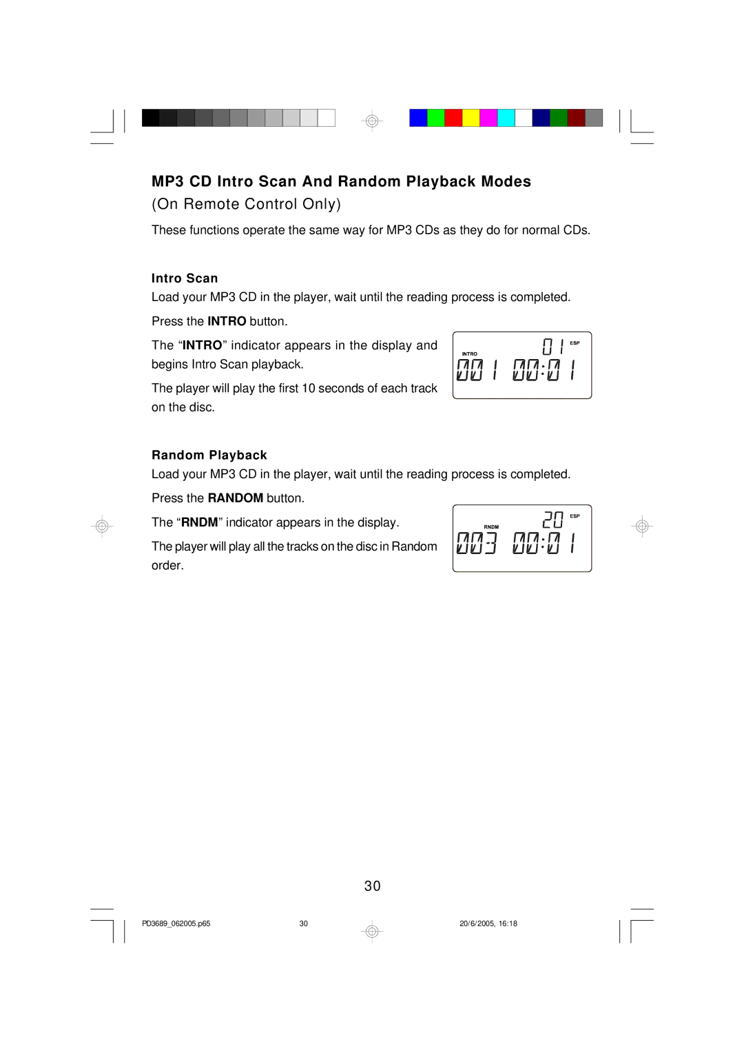 Emerson PD3689 owner manual MP3 CD Intro Scan And Random Playback Modes, On Remote Control Only 