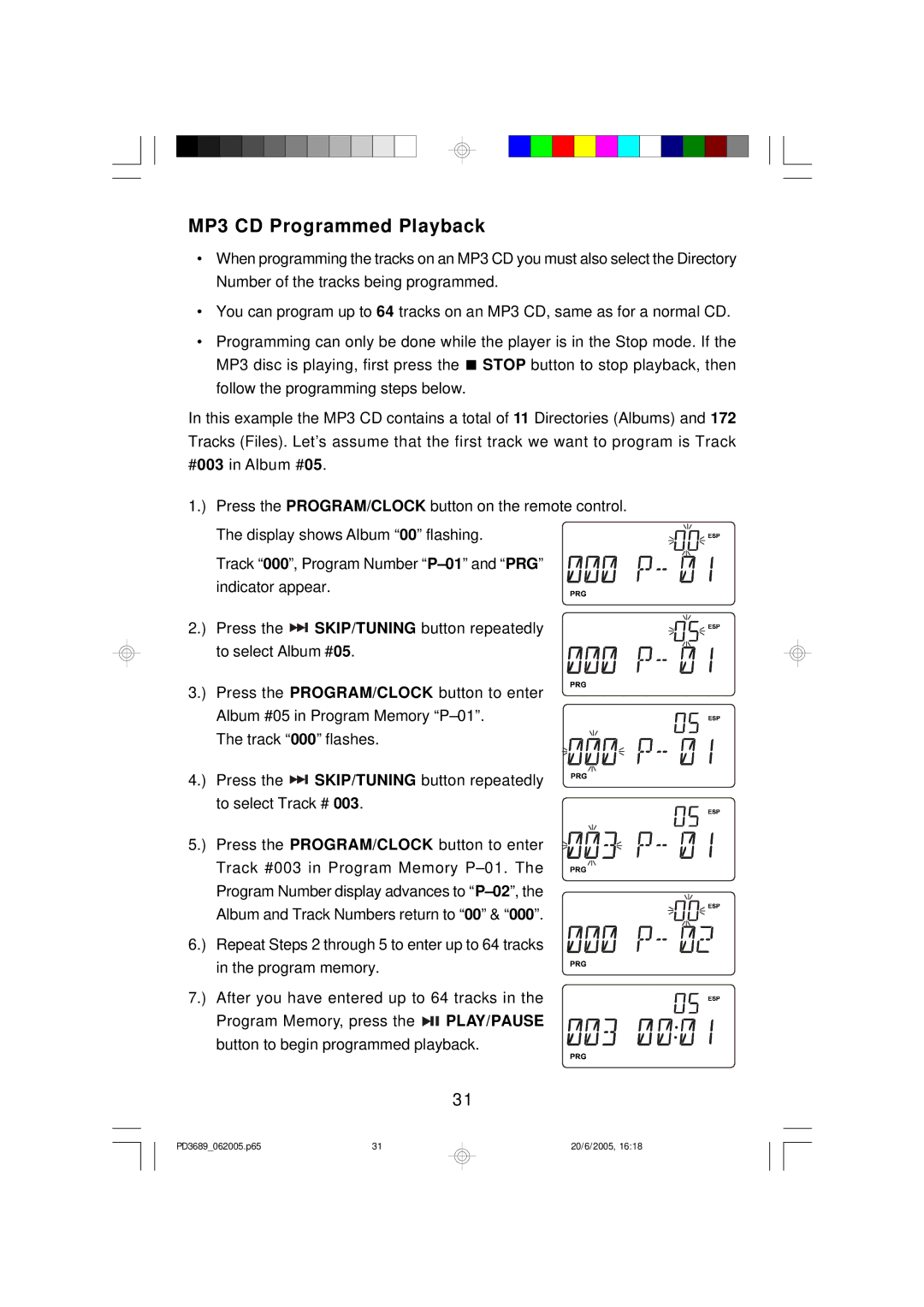 Emerson PD3689 owner manual MP3 CD Programmed Playback 