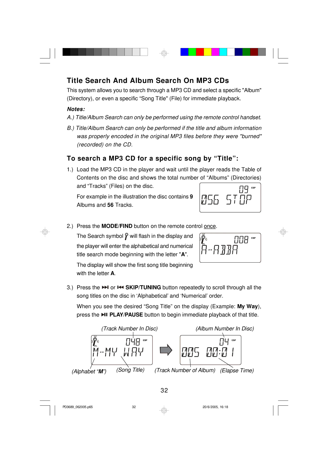 Emerson PD3689 owner manual Title Search And Album Search On MP3 CDs, To search a MP3 CD for a specific song by Title 