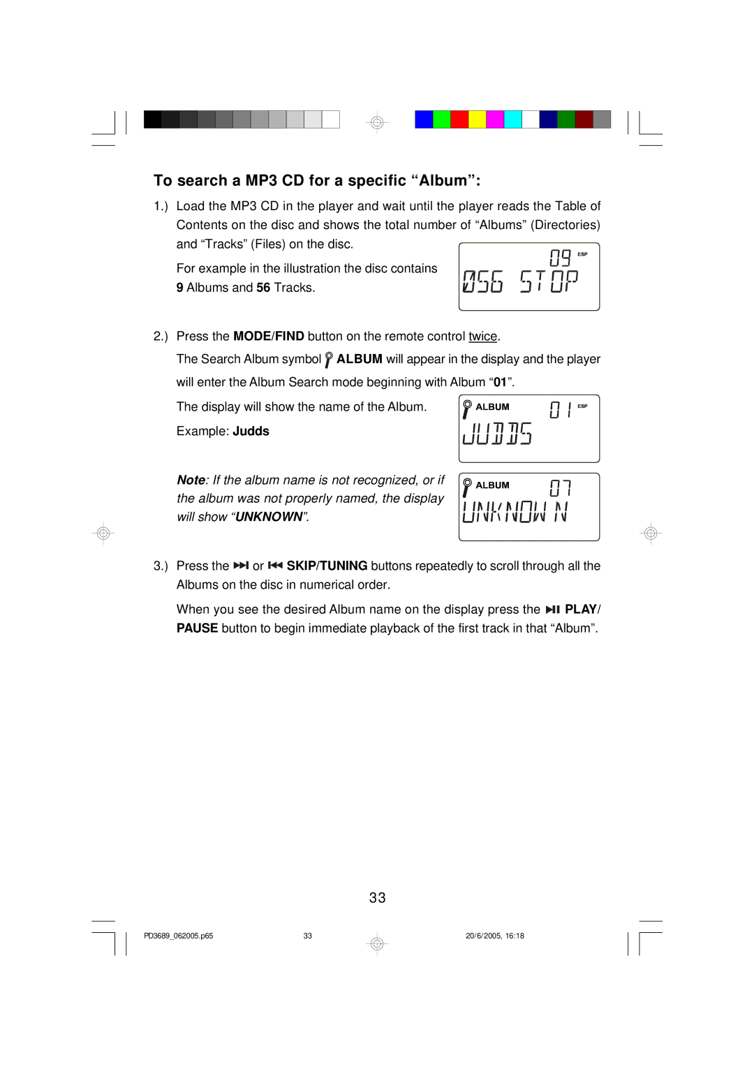 Emerson PD3689 owner manual To search a MP3 CD for a specific Album 