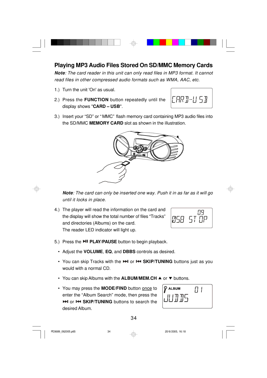 Emerson PD3689 owner manual Playing MP3 Audio Files Stored On SD/MMC Memory Cards 