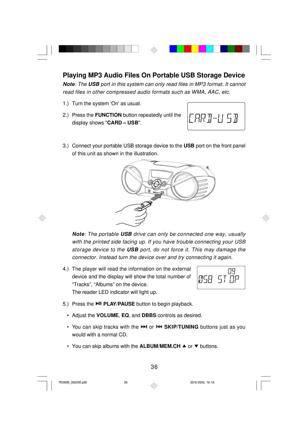 Emerson PD3689 owner manual Playing MP3 Audio Files On Portable USB Storage Device 