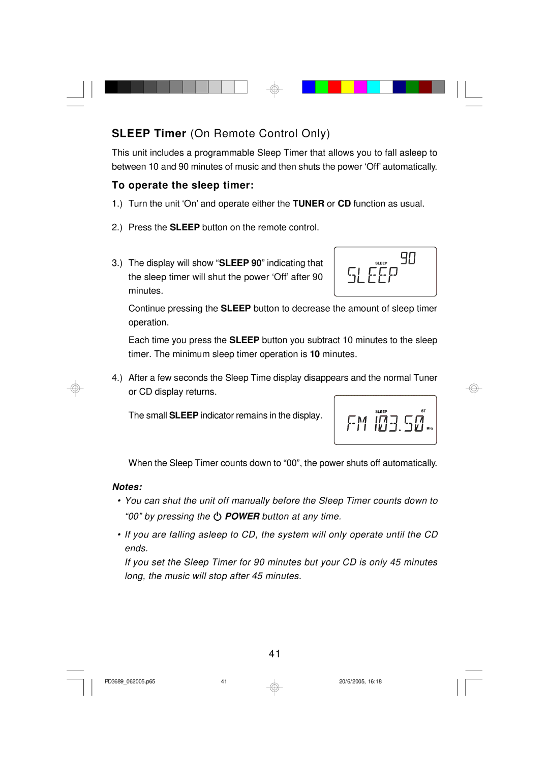 Emerson PD3689 owner manual Sleep Timer On Remote Control Only, To operate the sleep timer 