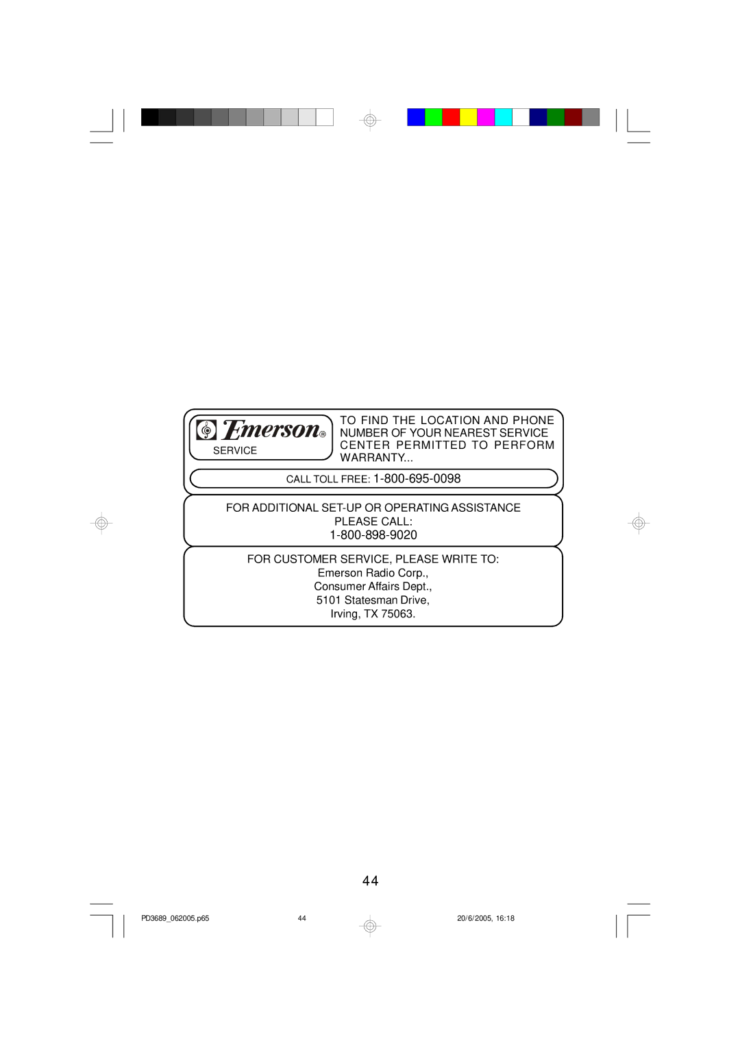 Emerson PD3689 owner manual Call Toll Free 