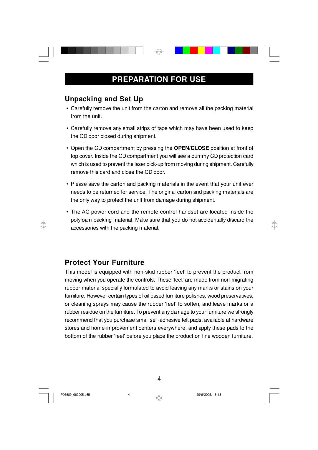 Emerson PD3689 owner manual Unpacking and Set Up, Protect Your Furniture 