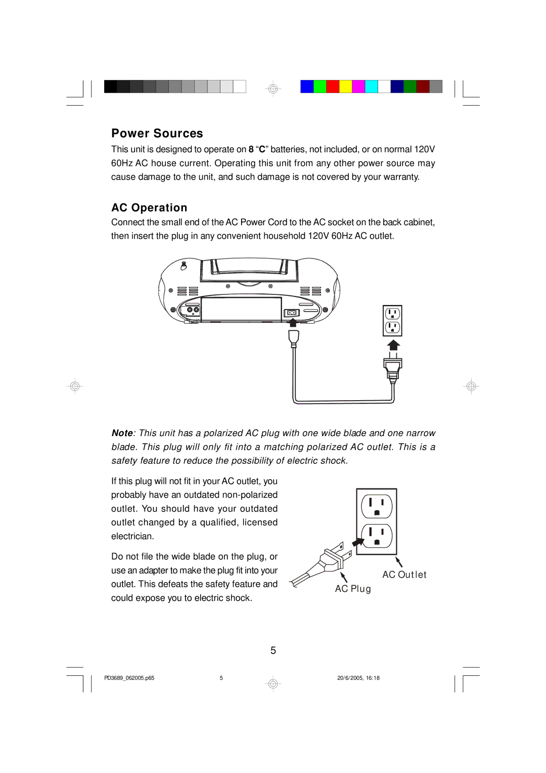 Emerson PD3689 owner manual Power Sources, AC Operation 