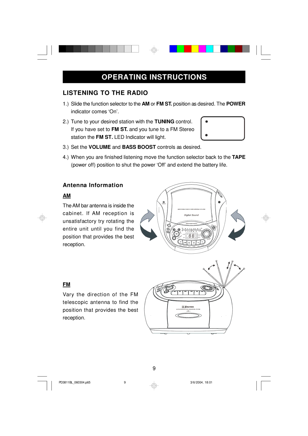 Emerson PD3811BL owner manual Operating Instructions, Listening to the Radio, Antenna Information 