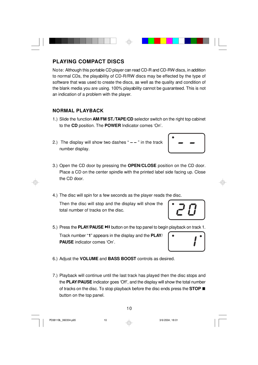 Emerson PD3811BL owner manual Playing Compact Discs, Normal Playback 