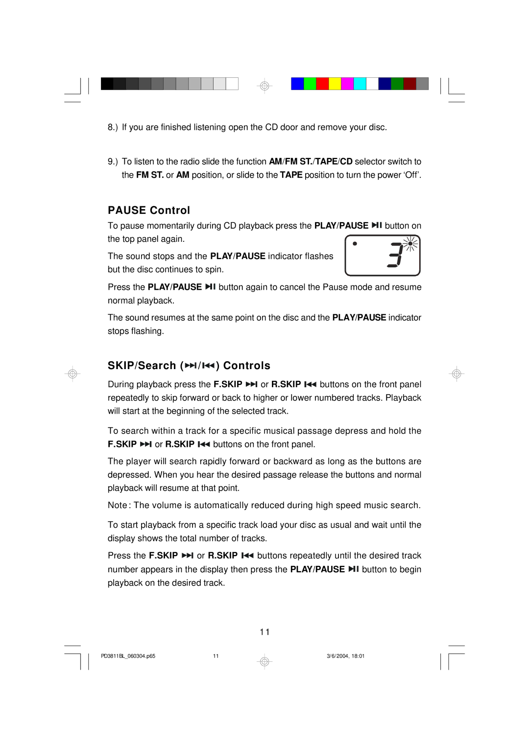 Emerson PD3811BL owner manual Pause Control 