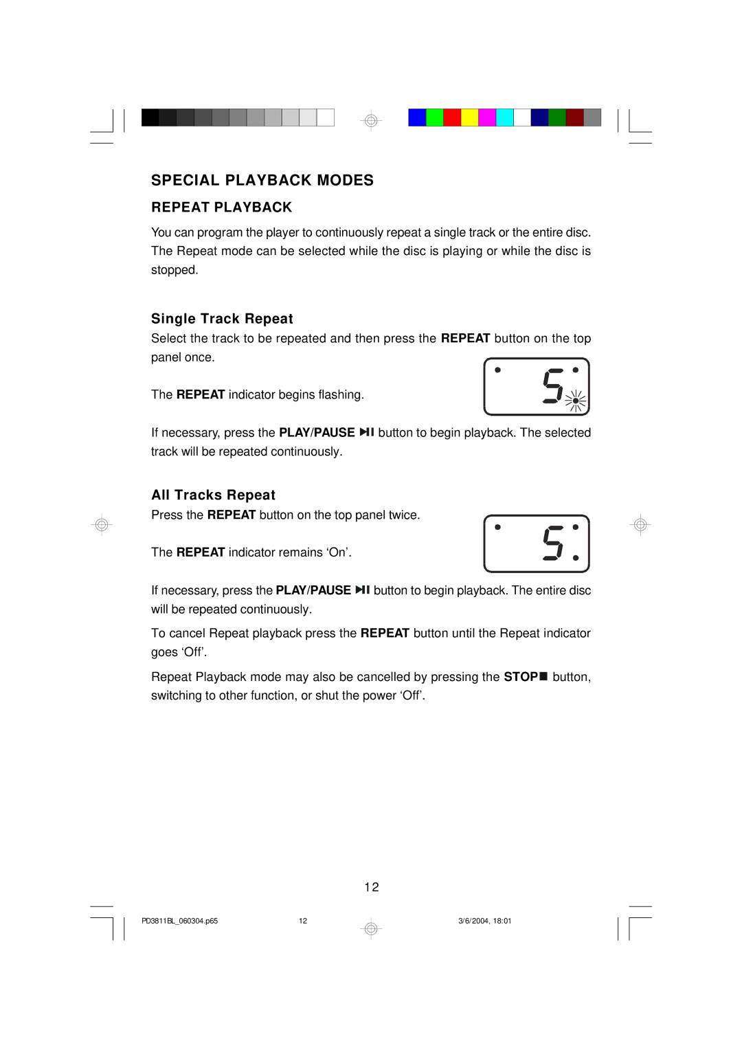 Emerson PD3811BL owner manual Special Playback Modes, Single Track Repeat, All Tracks Repeat 