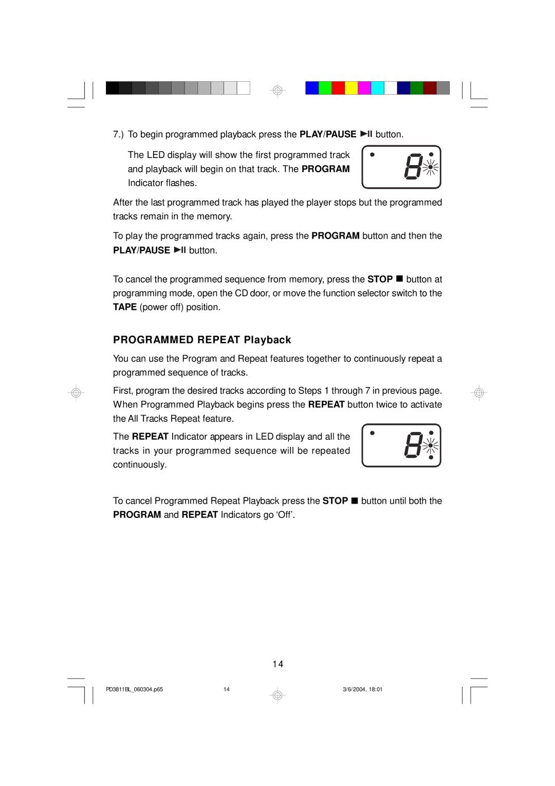 Emerson PD3811BL owner manual Programmed Repeat Playback, PLAY/PAUSE button 