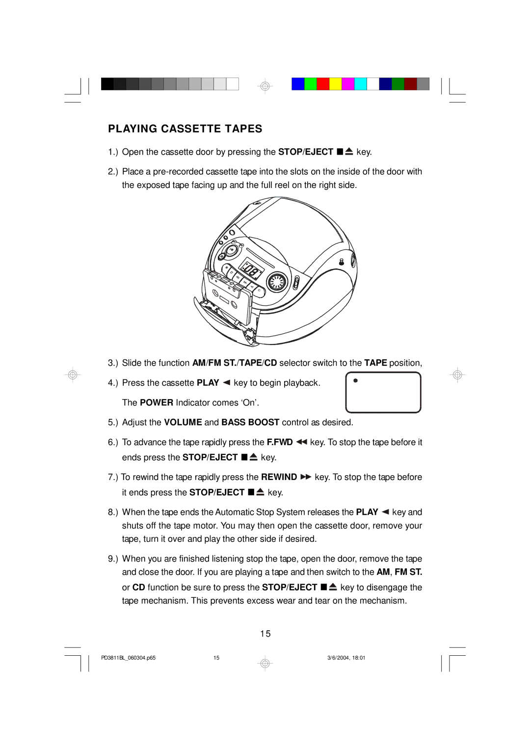 Emerson PD3811BL owner manual Playing Cassette Tapes 