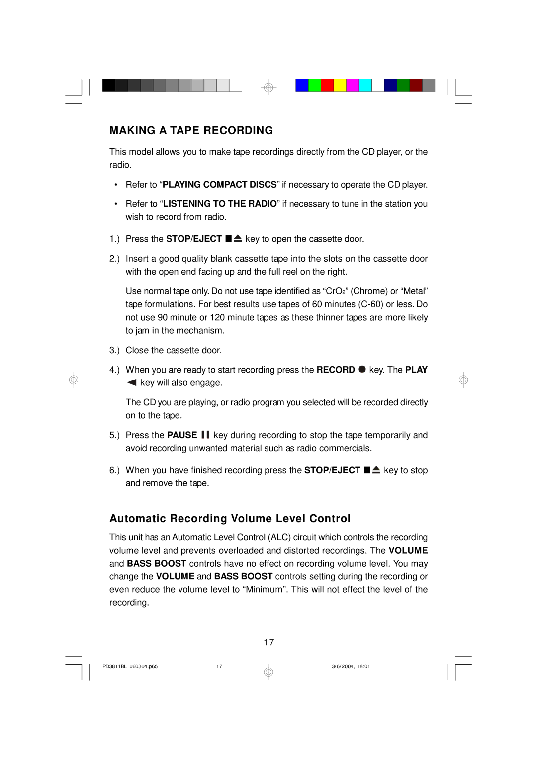 Emerson PD3811BL owner manual Making a Tape Recording, Automatic Recording Volume Level Control 