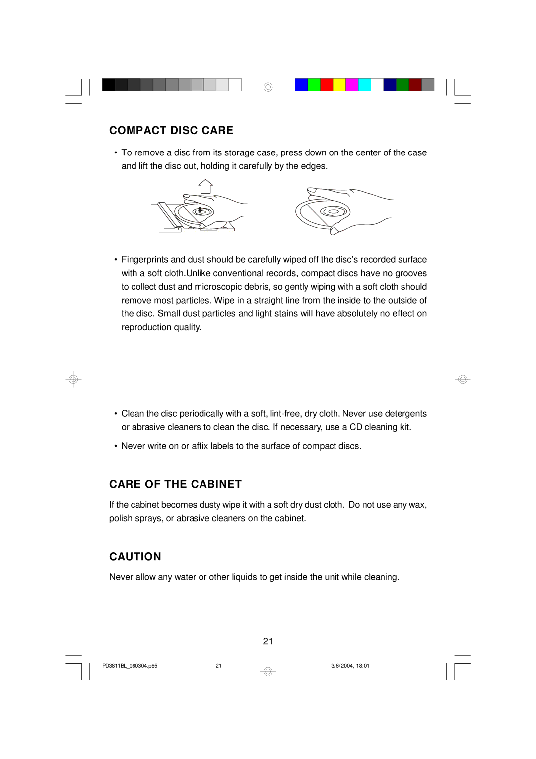 Emerson PD3811BL owner manual Compact Disc Care, Care of the Cabinet 