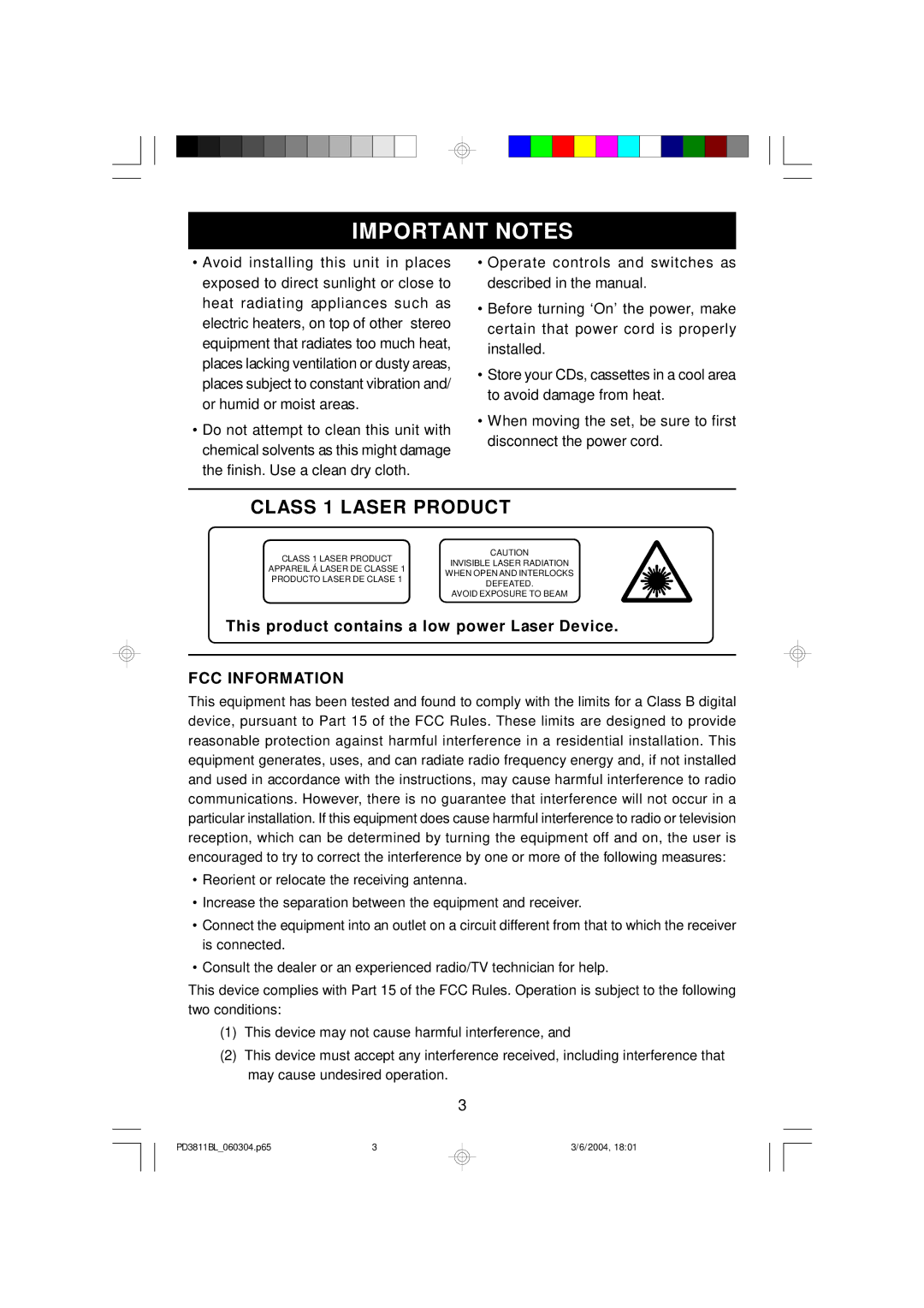 Emerson PD3811BL owner manual Important Notes, Class 1 Laser Product 