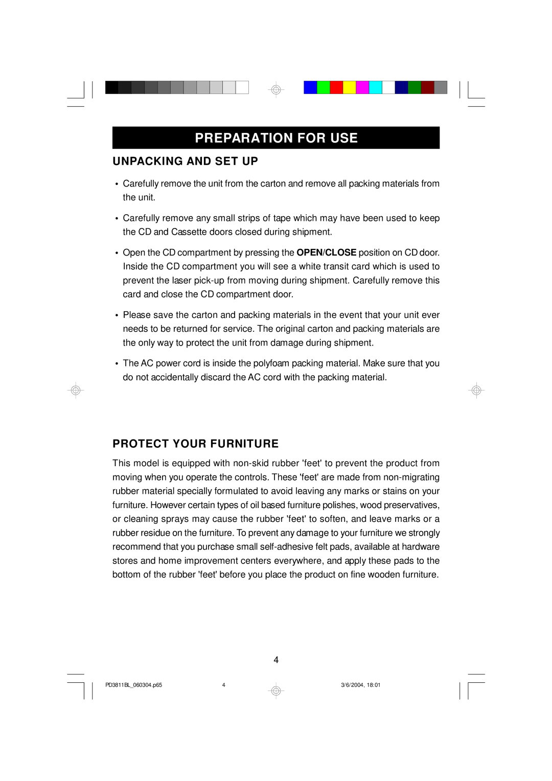 Emerson PD3811BL owner manual Preparation for USE, Unpacking and SET UP, Protect Your Furniture 