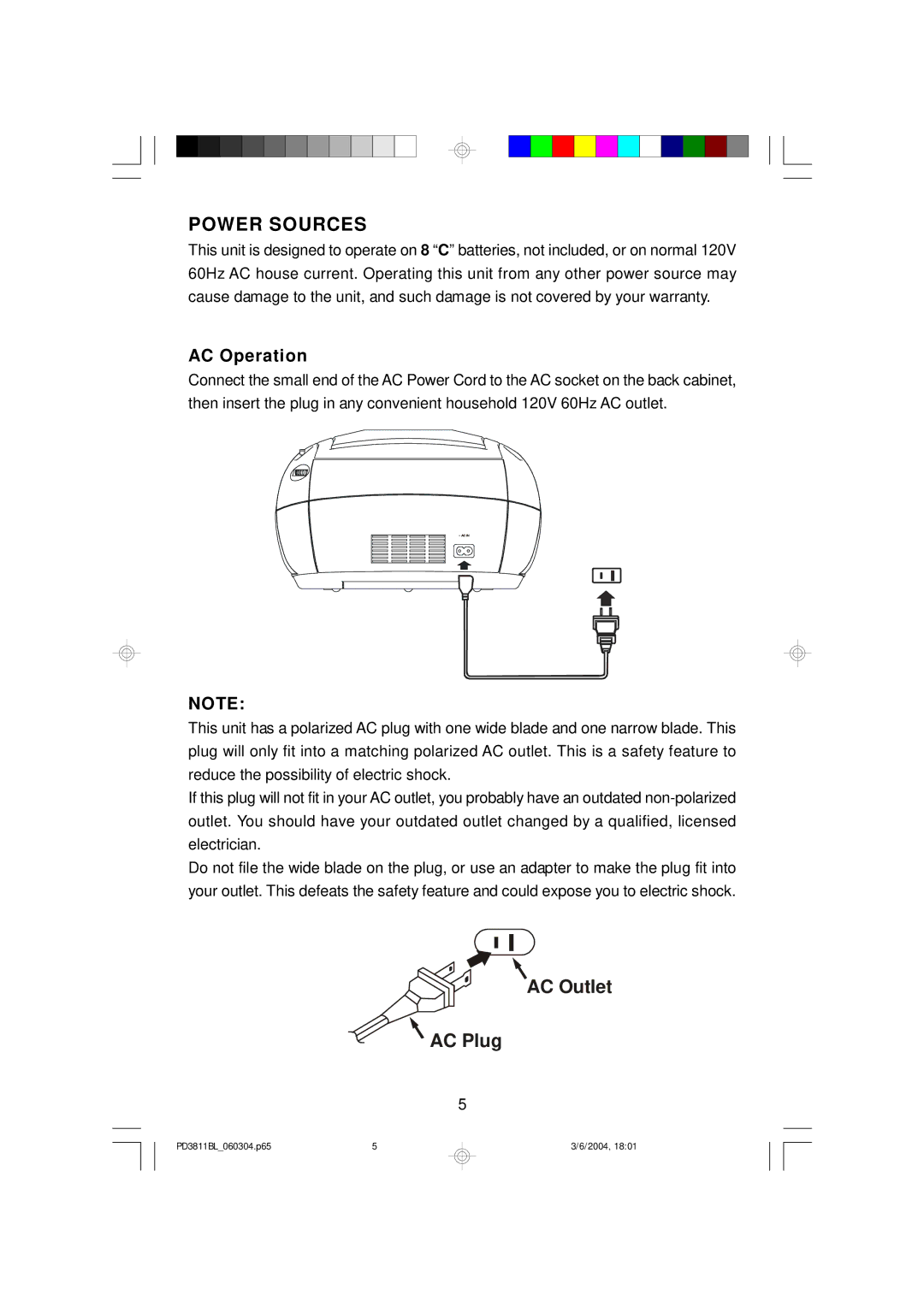 Emerson PD3811BL owner manual Power Sources, AC Operation 