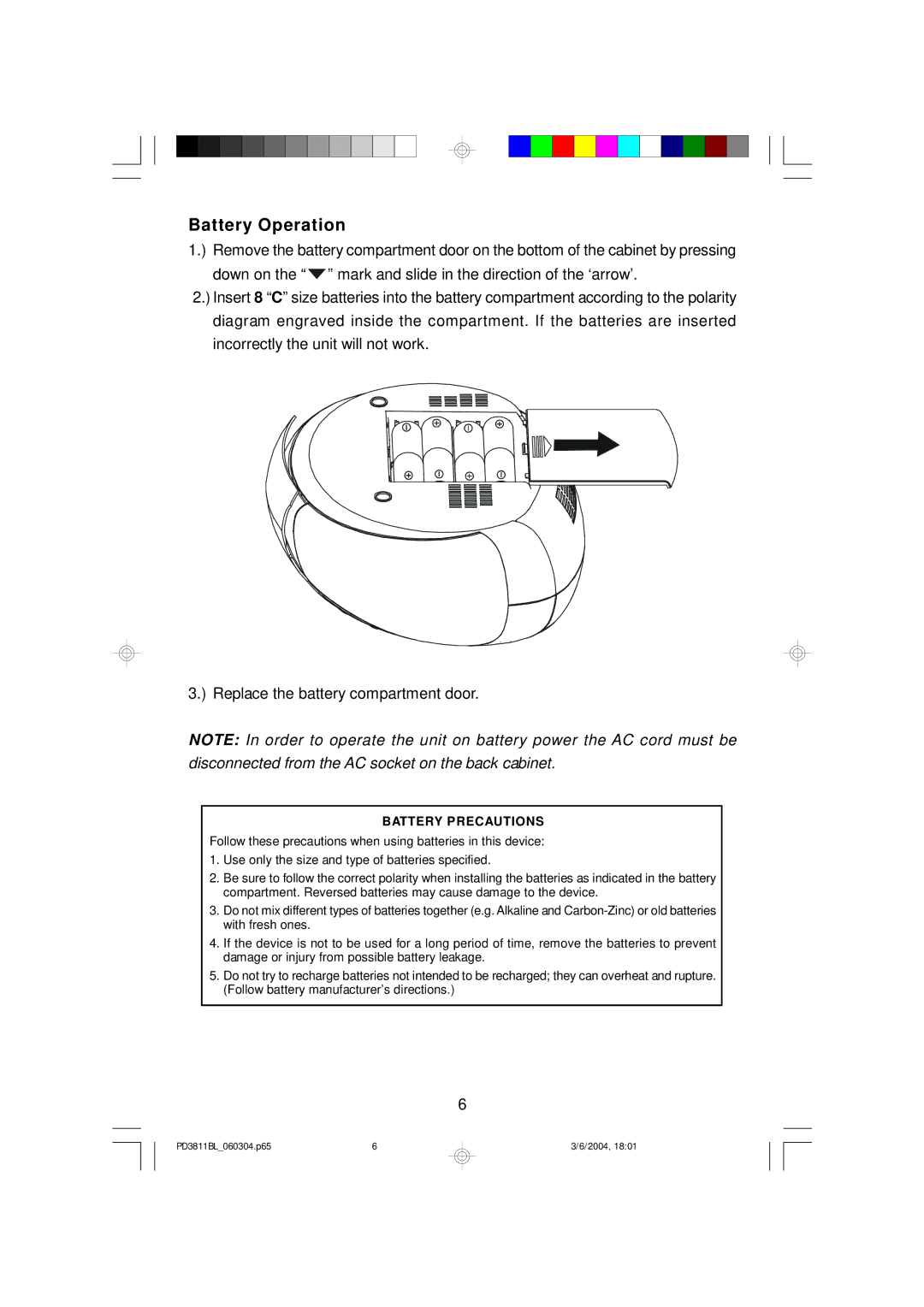 Emerson PD3811BL owner manual Battery Operation, Battery Precautions 