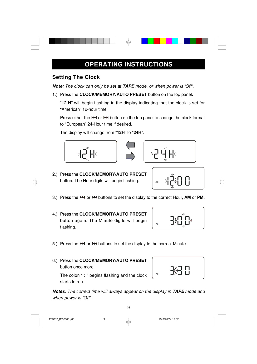 Emerson PD3812BL, PD3812BK, PD3812CH owner manual Operating Instructions, Setting The Clock 