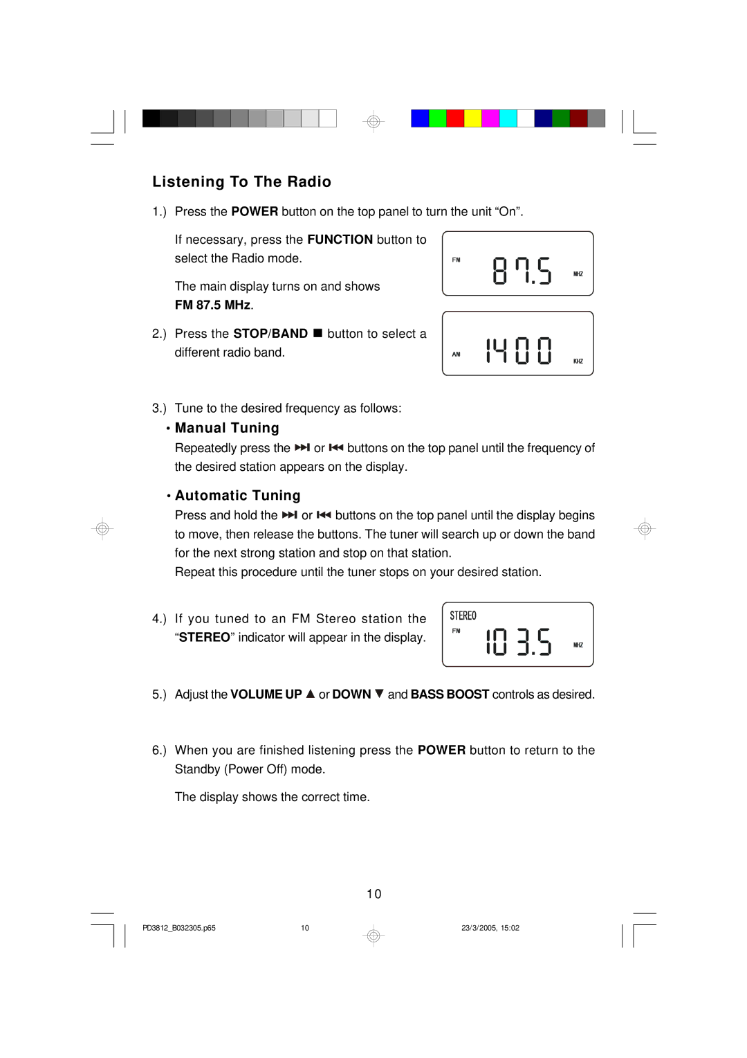 Emerson PD3812CH, PD3812BK, PD3812BL owner manual Listening To The Radio, Manual Tuning, Automatic Tuning 