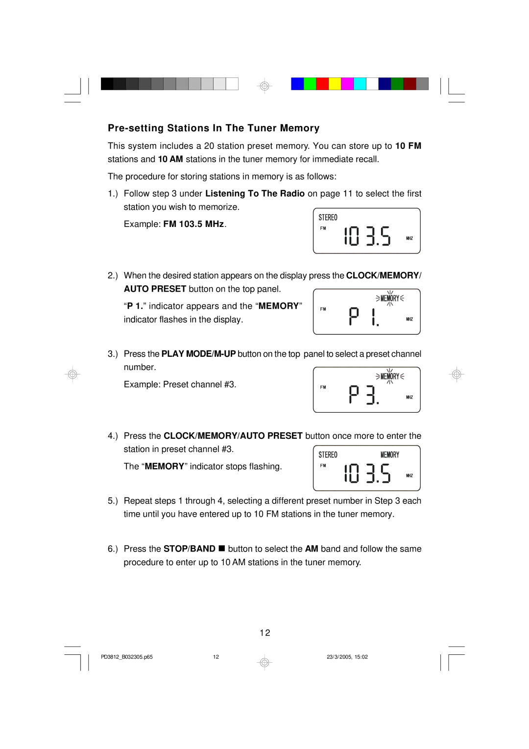 Emerson PD3812BL, PD3812BK, PD3812CH owner manual Pre-setting Stations In The Tuner Memory, Example FM 103.5 MHz 