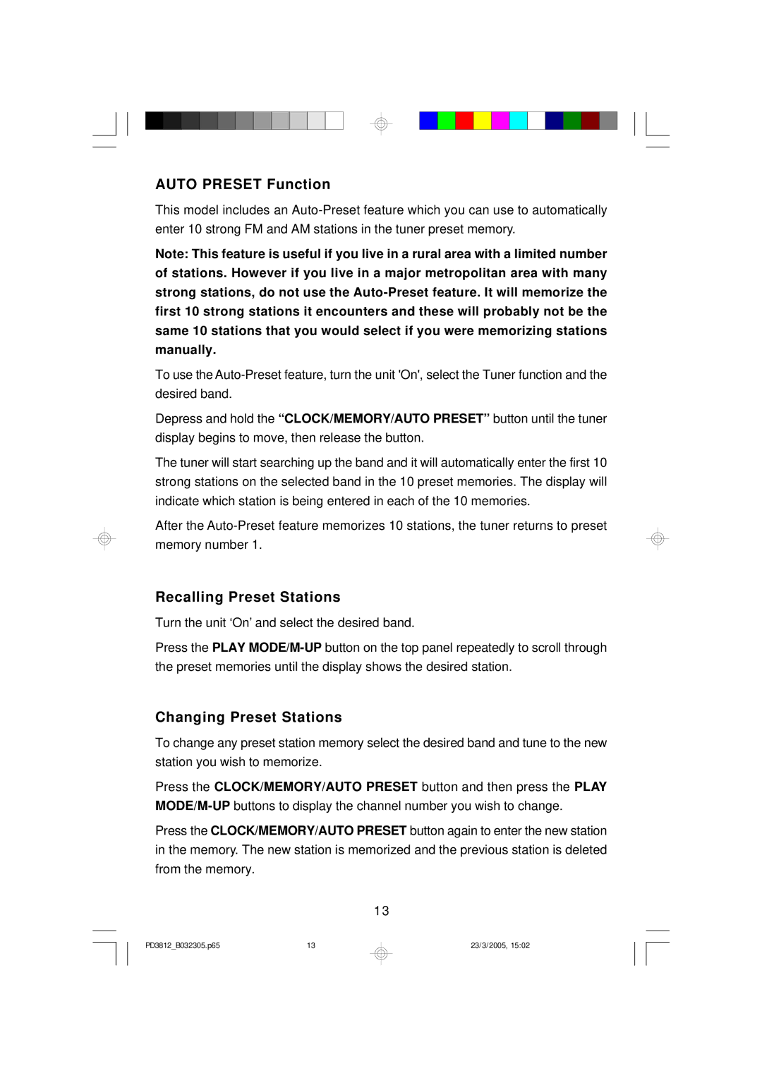 Emerson PD3812CH, PD3812BK, PD3812BL owner manual Auto Preset Function, Recalling Preset Stations, Changing Preset Stations 