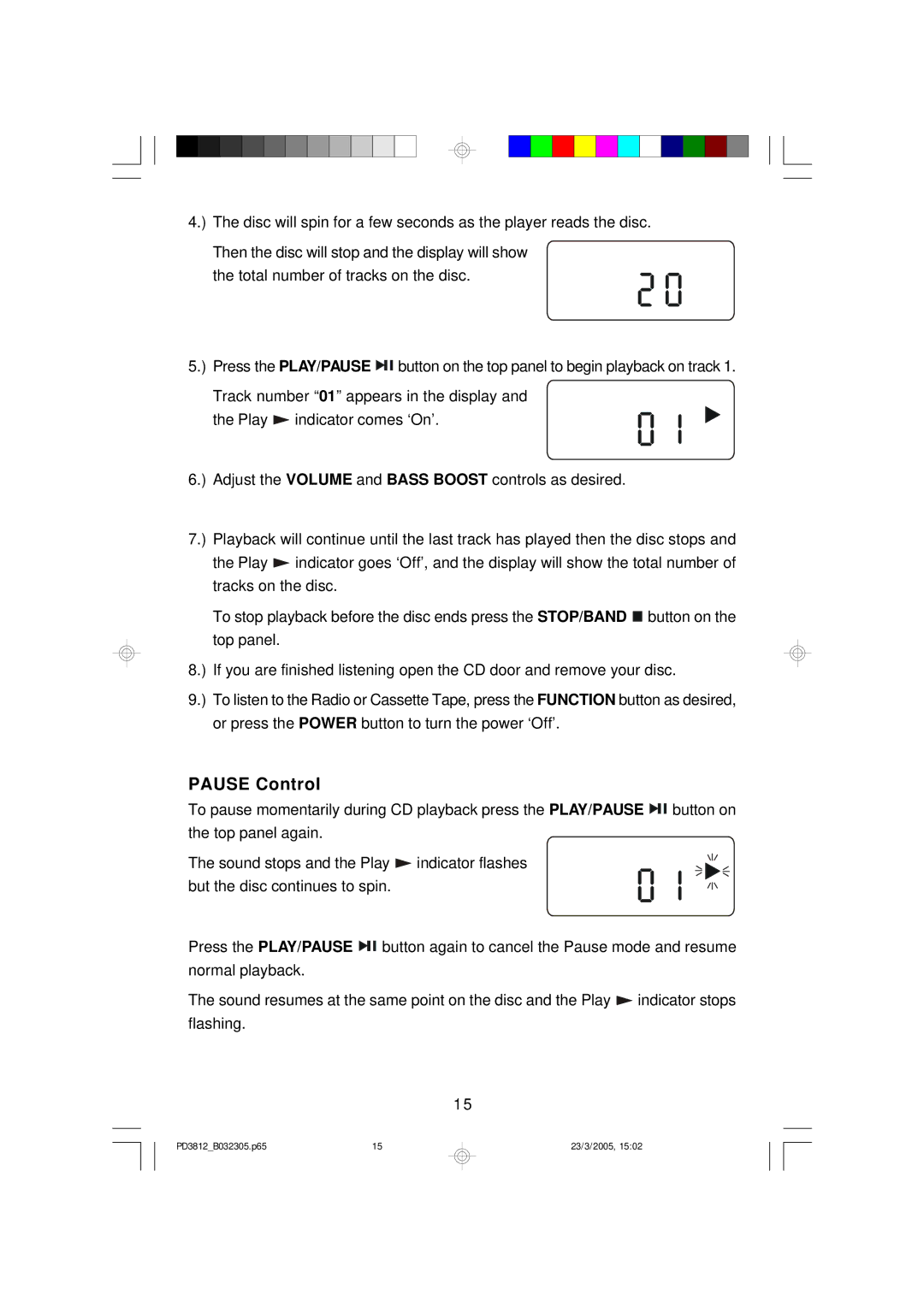 Emerson PD3812BL, PD3812BK, PD3812CH owner manual Pause Control 