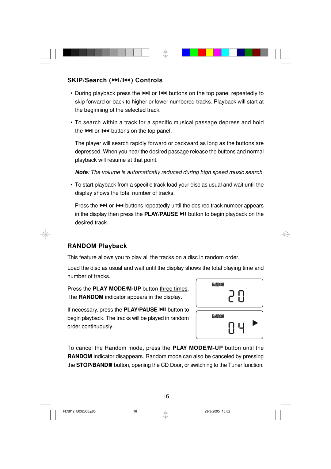 Emerson PD3812CH, PD3812BK, PD3812BL owner manual SKIP/Search / Controls, Random Playback 