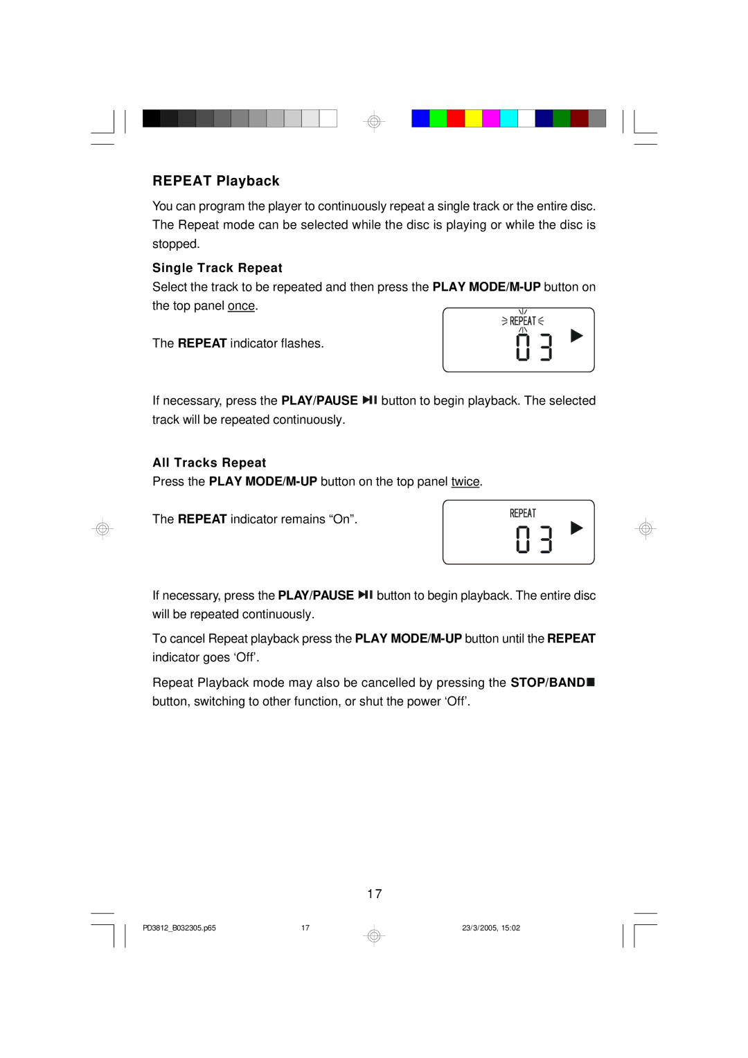 Emerson PD3812BK, PD3812BL, PD3812CH owner manual Repeat Playback, Single Track Repeat 