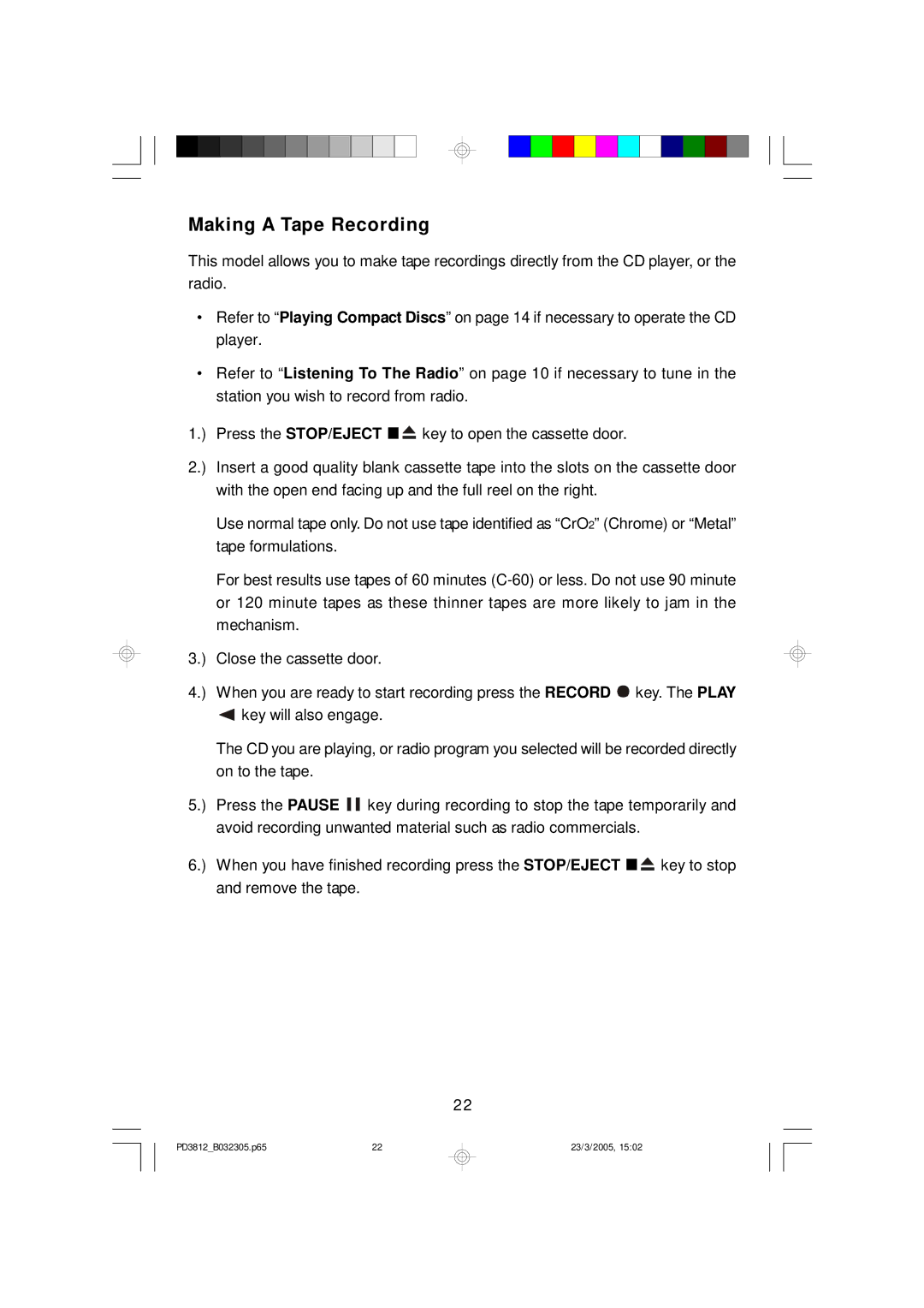 Emerson PD3812CH, PD3812BK, PD3812BL owner manual Making a Tape Recording 