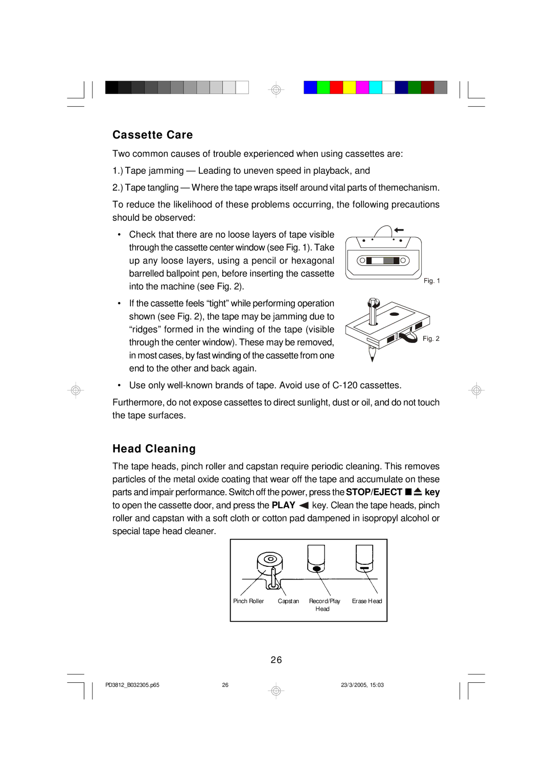 Emerson PD3812BK, PD3812BL, PD3812CH owner manual Cassette Care, Head Cleaning 