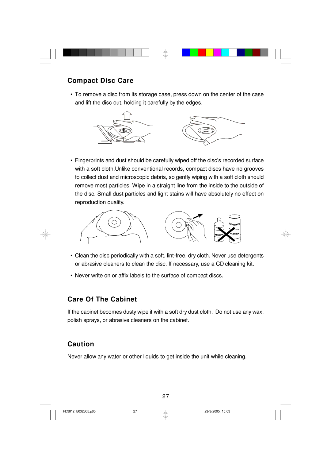 Emerson PD3812BL, PD3812BK, PD3812CH owner manual Compact Disc Care, Care Of The Cabinet 