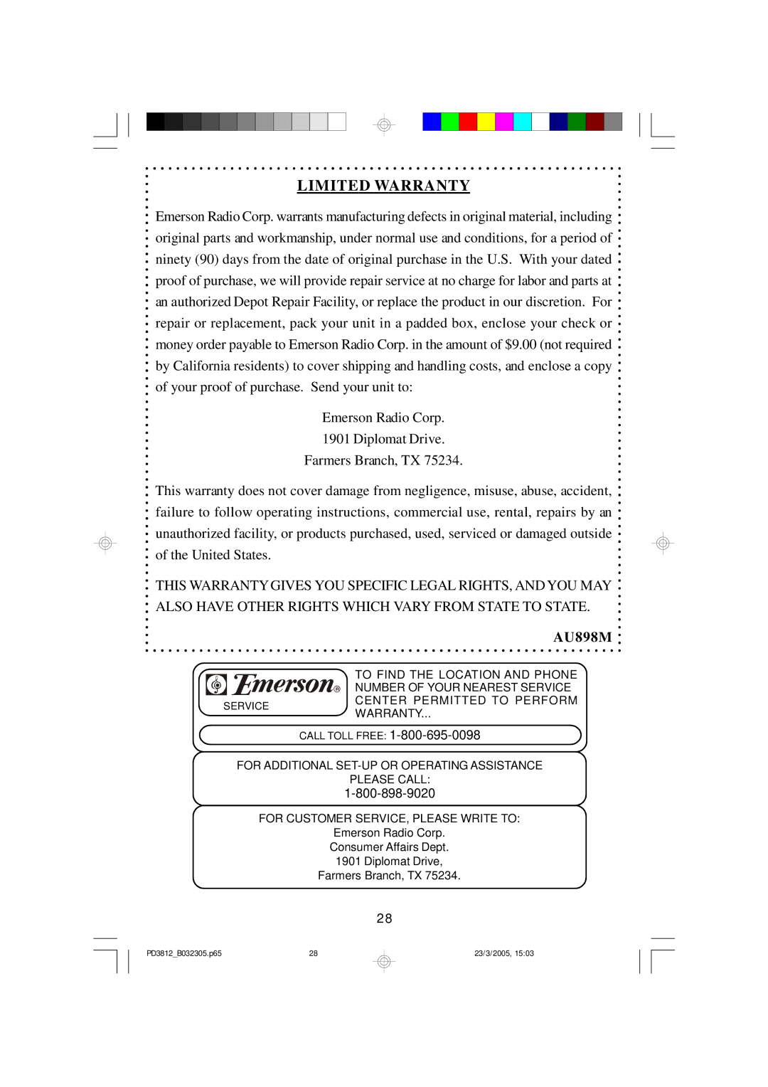 Emerson PD3812CH, PD3812BK, PD3812BL owner manual Limited Warranty 