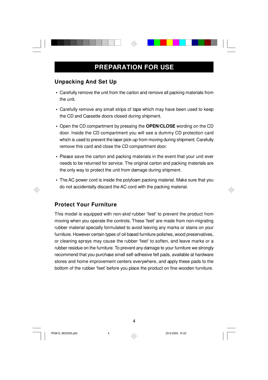 Emerson PD3812CH, PD3812BK, PD3812BL owner manual Preparation for USE, Unpacking And Set Up, Protect Your Furniture 