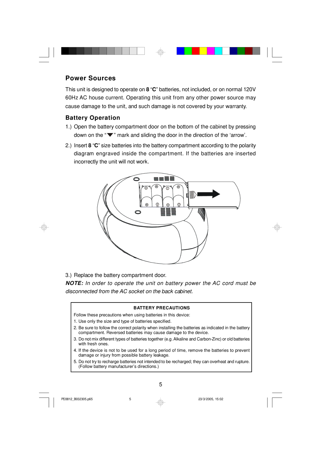 Emerson PD3812BK, PD3812BL, PD3812CH owner manual Power Sources, Battery Operation 