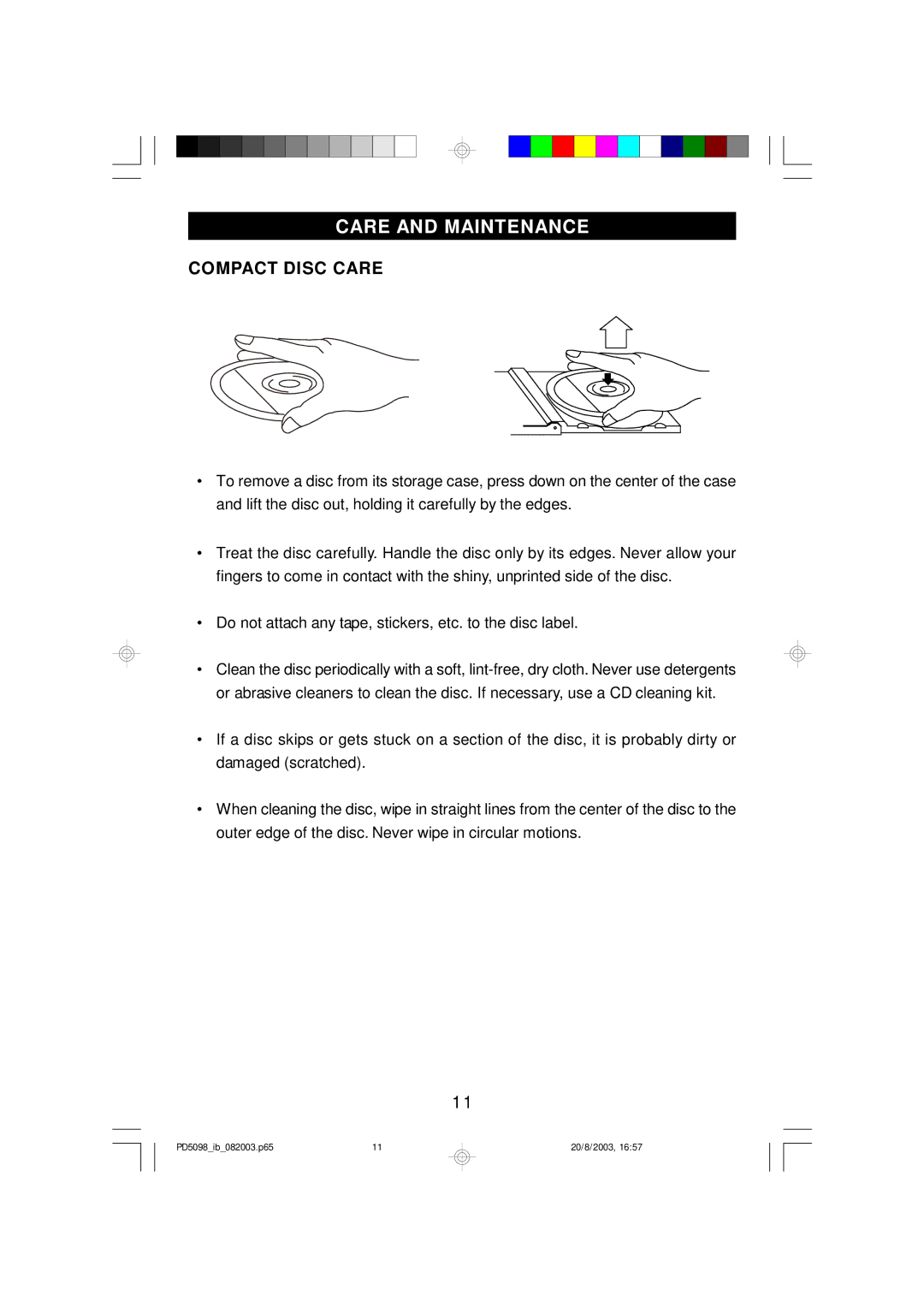 Emerson PD5098 owner manual Care and Maintenance, Compact Disc Care 