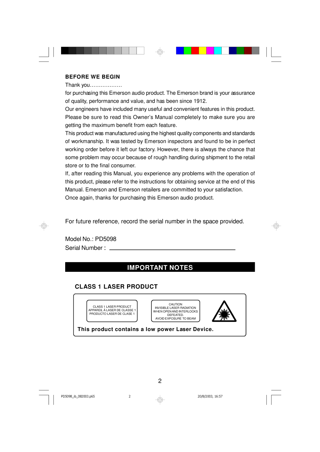 Emerson PD5098 owner manual Important Notes, Class 1 Laser Product 