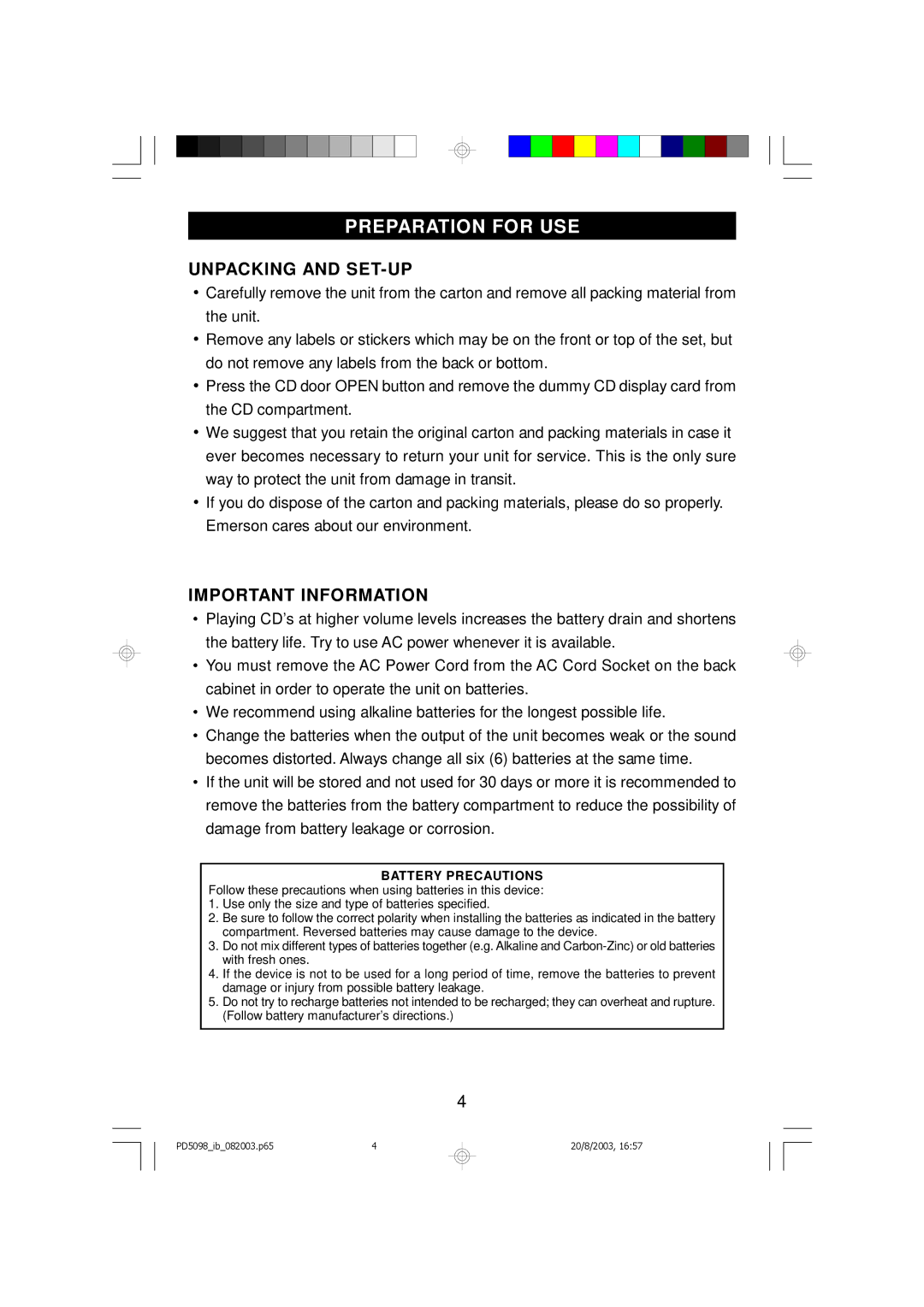 Emerson PD5098 owner manual Preparation for USE, Unpacking and SET-UP, Important Information 