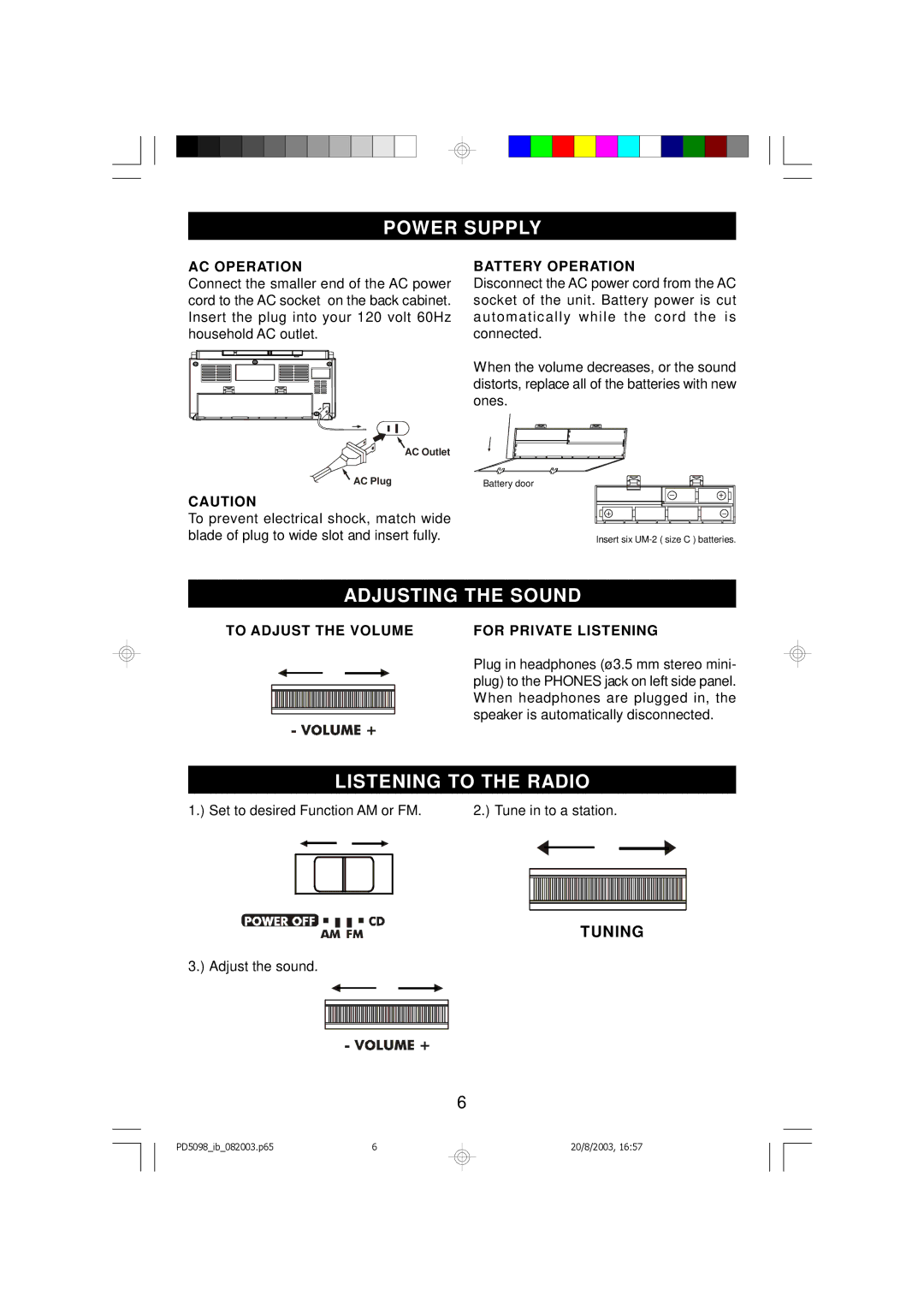 Emerson PD5098 owner manual Power Supply, Adjusting the Sound, Listening to the Radio 