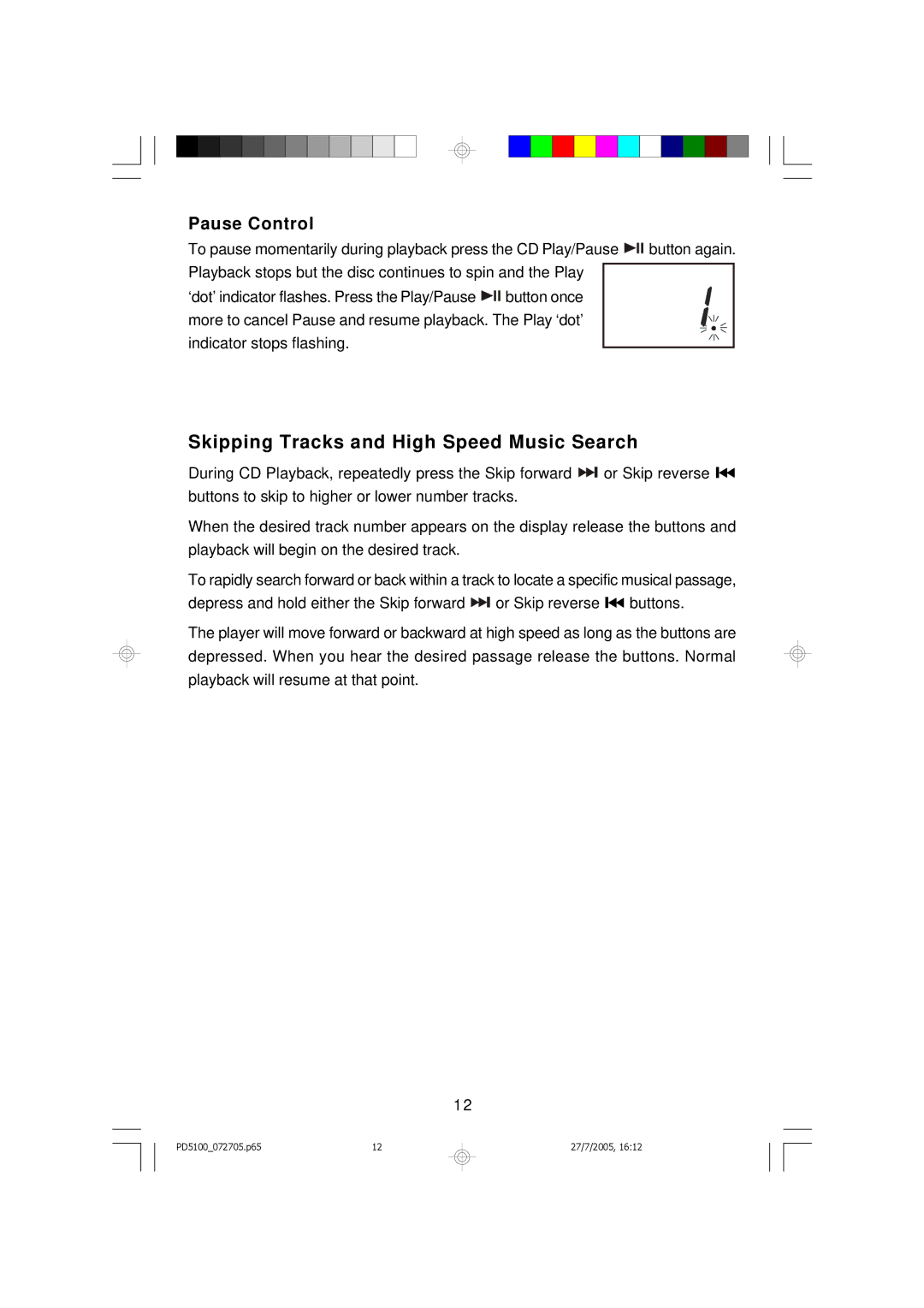 Emerson PD5100 owner manual Skipping Tracks and High Speed Music Search, Pause Control 