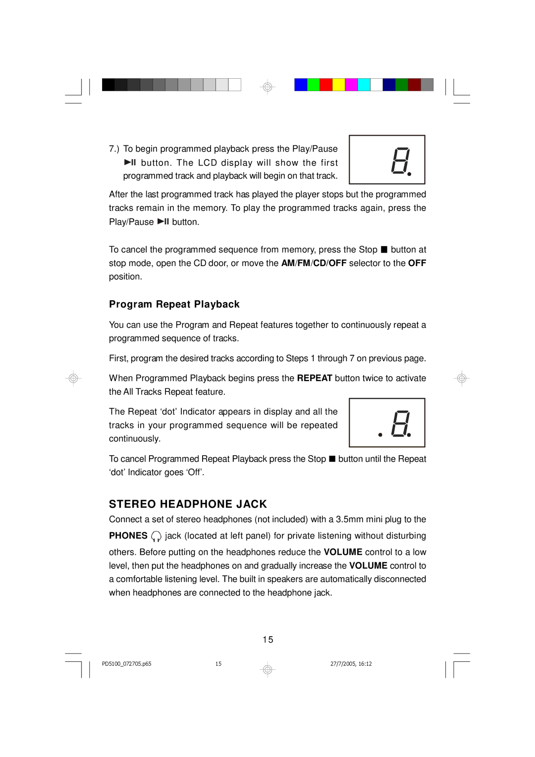 Emerson PD5100 owner manual Stereo Headphone Jack, Program Repeat Playback 