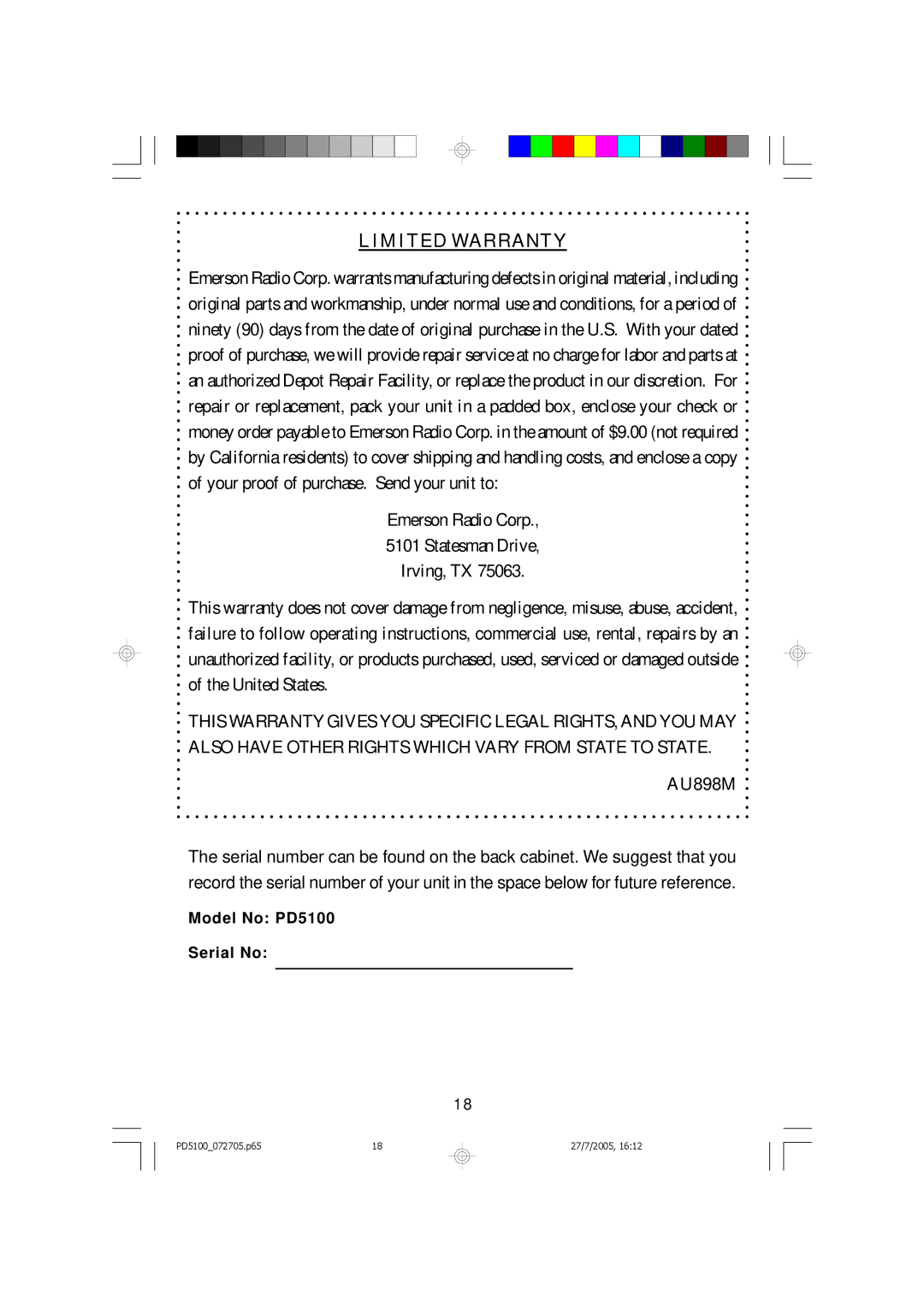 Emerson PD5100 owner manual Limited Warranty 