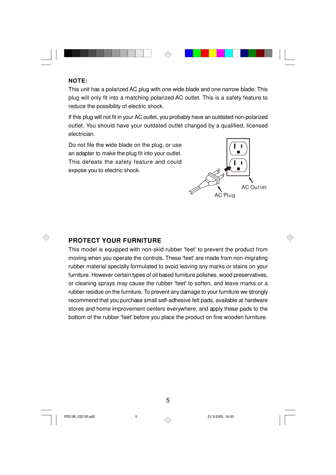 Emerson PD5198 owner manual Protect Your Furniture 