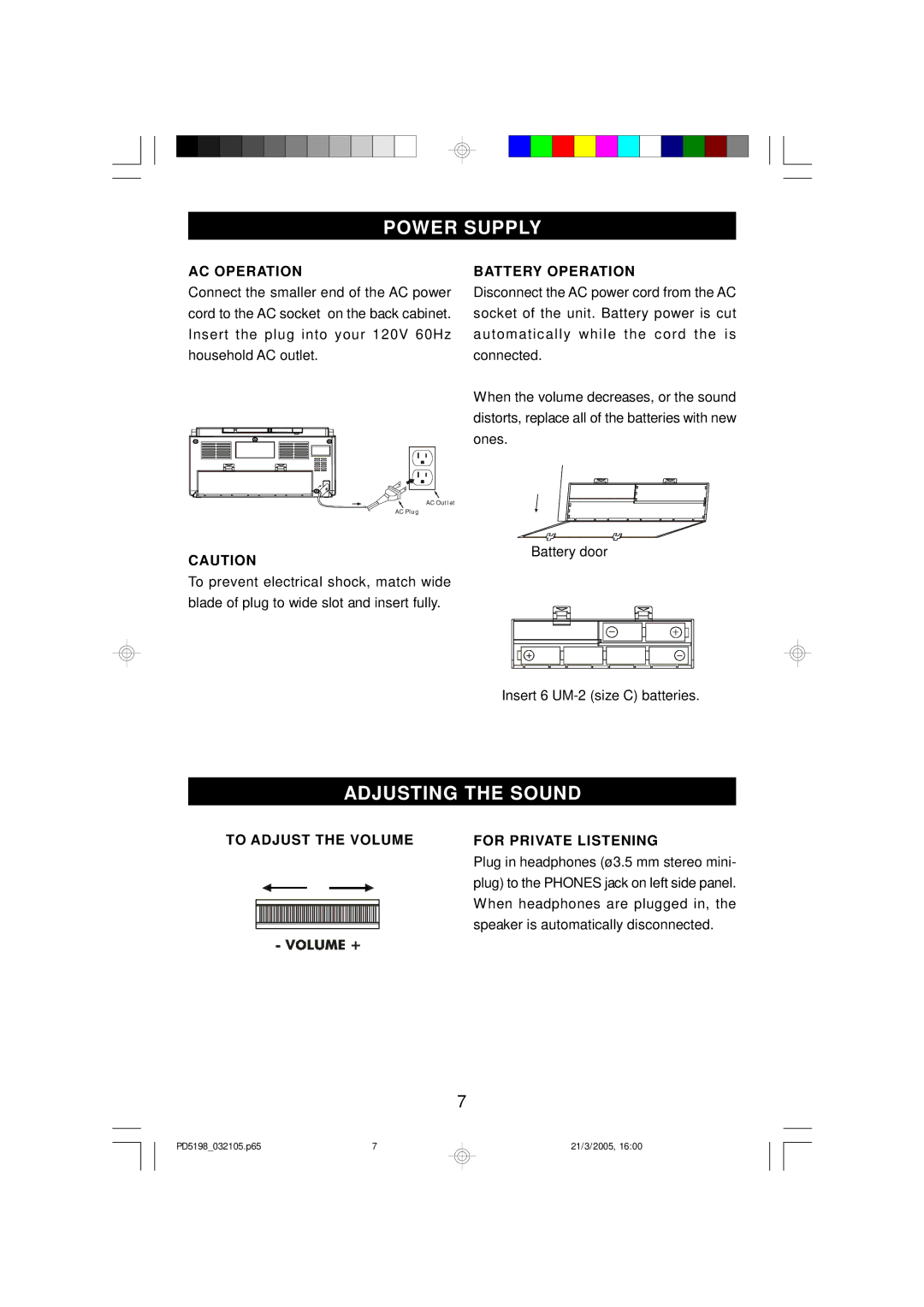 Emerson PD5198 owner manual Power Supply, Adjusting the Sound 