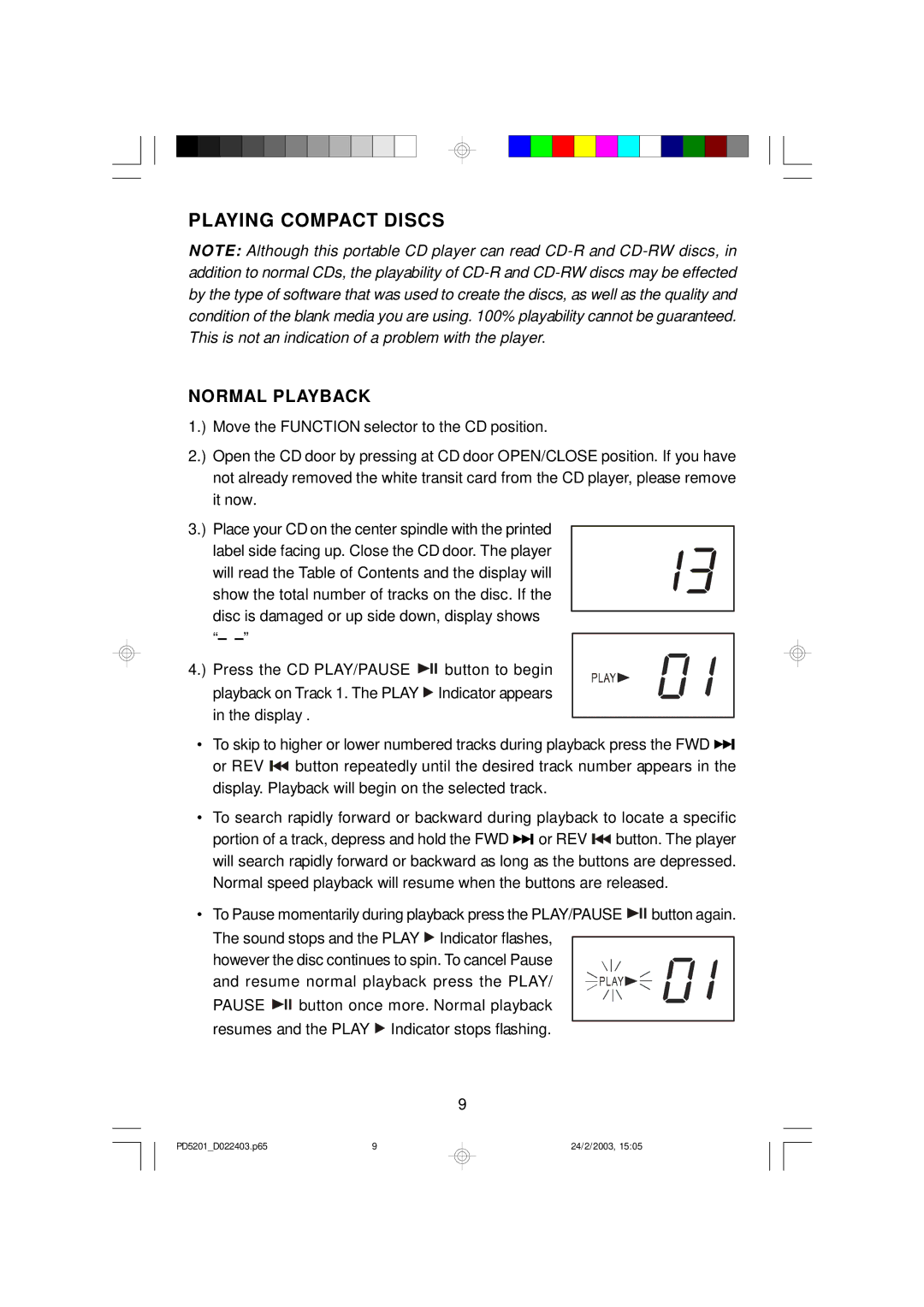 Emerson PD5201 owner manual Playing Compact Discs, Normal Playback 