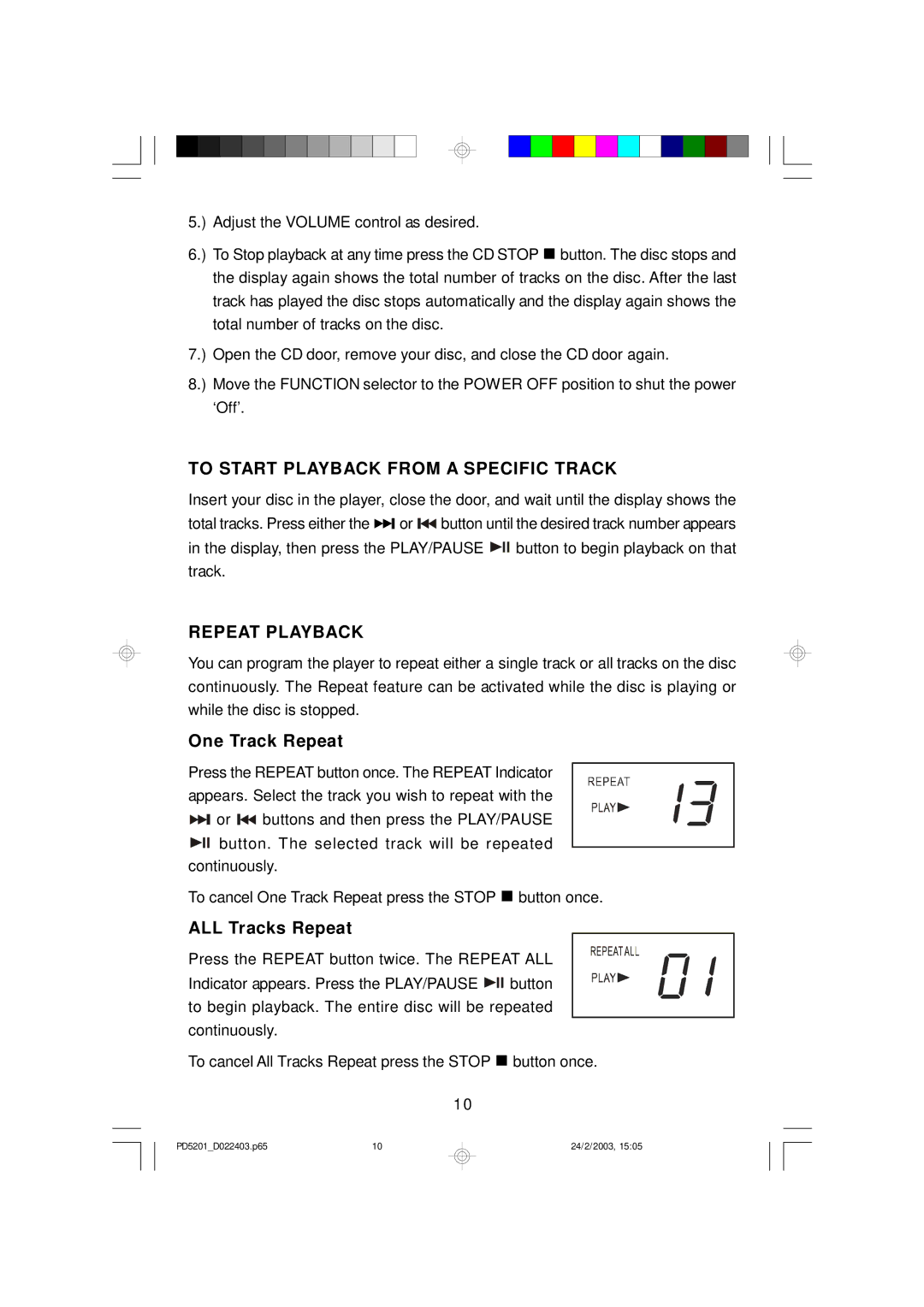 Emerson PD5201 owner manual One Track Repeat, ALL Tracks Repeat 